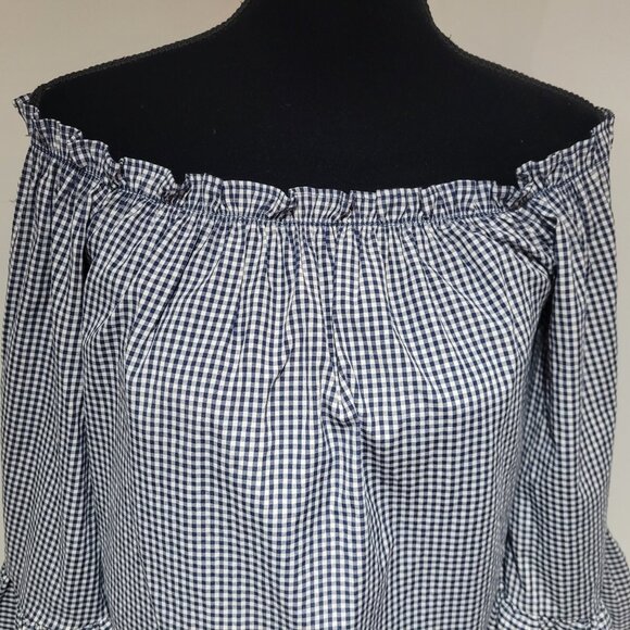 Atmosphere Off the Shoulder Ruffled Gingham Print Blouse Size 0 Blue and White - Picture 4 of 11